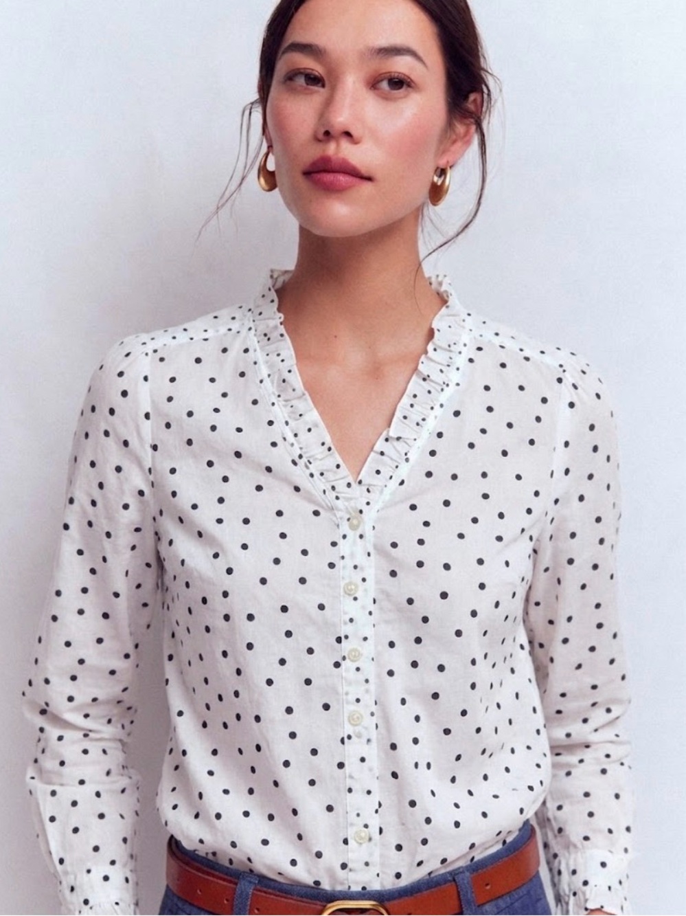 Boden White Blouse with Black Polka Dots and Ruffle Trim